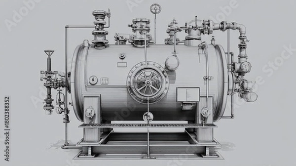 Fototapeta A detailed, monochromatic engineering-style drawing of an industrial boiler, showcasing intricate piping and pressure regulation equipment against a neutral backdrop.