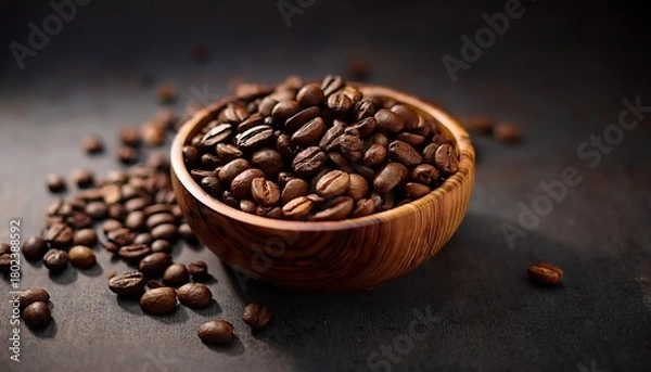 Obraz aromatic roasted coffee beans in a wooden bowl on a dark surface