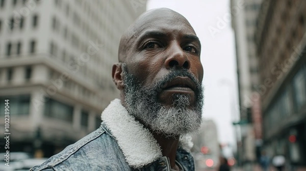 Fototapeta An older man with a salt and pepper beard stands in a city street wearing a denim jacket with a fleece collar. Buildings loom in the background under a cloudy sky.