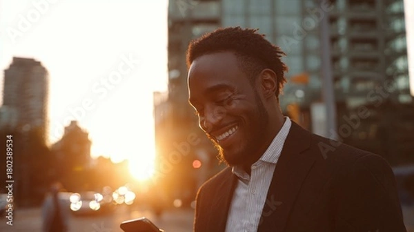 Fototapeta A man beams with joy, illuminated by the warm glow of the setting sun. He's dressed in a suit, gazing at his cellphone, against a cityscape backdrop.