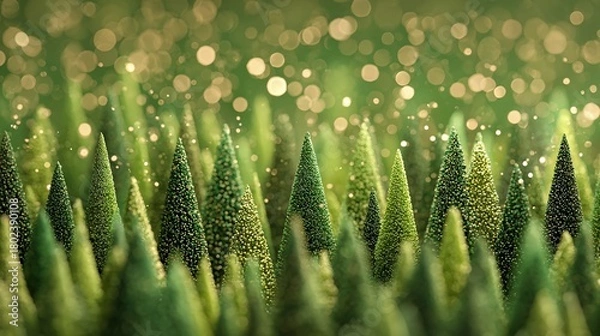 Fototapeta Abstract landscape view with multiple triangular shaped trees. Bokeh lights and sparkles. Soft shades of greens and yellows. Forest, plants, nature, and peaceful atmosphere.