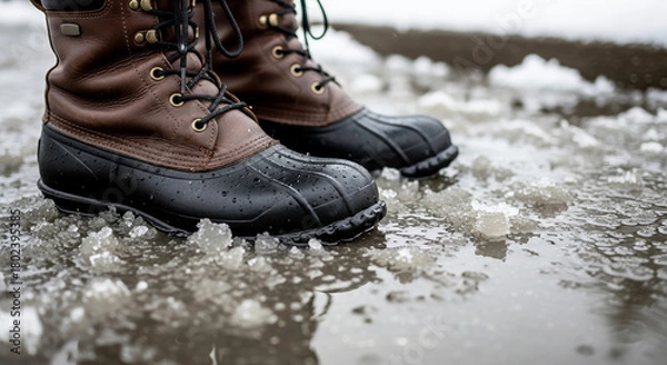 Fototapeta Winter boots in slush provide traction during inclement weather, offering warmth and protection. Cold weather footwear for snowy and icy conditions, emphasizing slip resistance, insulative materials.