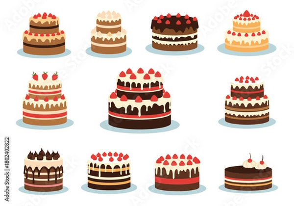 Fototapeta Collection of twelve different illustrated cakes with frosting and fruit toppings.