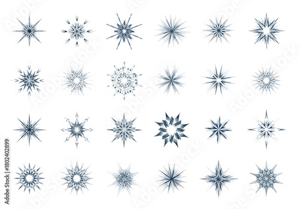 Obraz Collection of abstract blue starburst snowflakes on a white background.