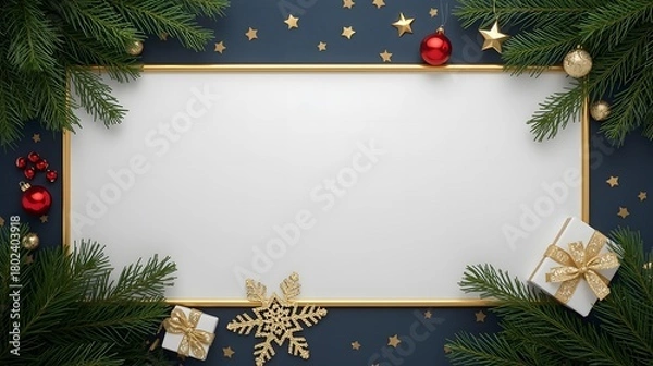 Fototapeta A rectangular frame with a white center is framed by golden edges on a dark blue background. It is decorated with pine branches, red and gold ornaments and small gift boxes.