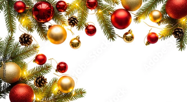Obraz Corner Frame of Red and Gold Christmas Baubles with Pine Sprigs

