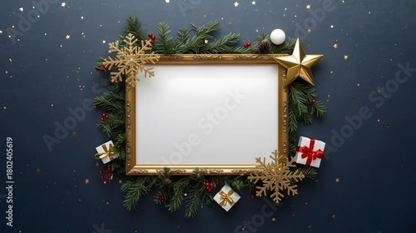 Fototapeta Rectangular gold photo frame on a dark blue background, surrounded by festive decorations. The frame is decorated with pine branches with red berries, golden snowflakes, a golden star and small white 