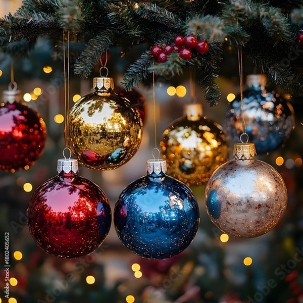 Fototapeta Shiny Christmas balls in red, gold, blue and silver colors hang from spruce branches decorated with red berries. The decorations reflect the surrounding light, creating a festive glow against a blurre