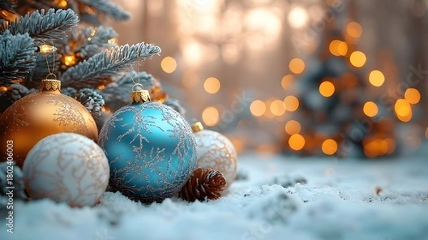 Fototapeta Colorful Christmas balls are lying by the Christmas tree