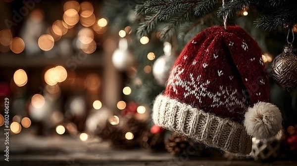 Fototapeta Santa's red hat with white fur trim hangs on the branches of a snow-covered spruce.