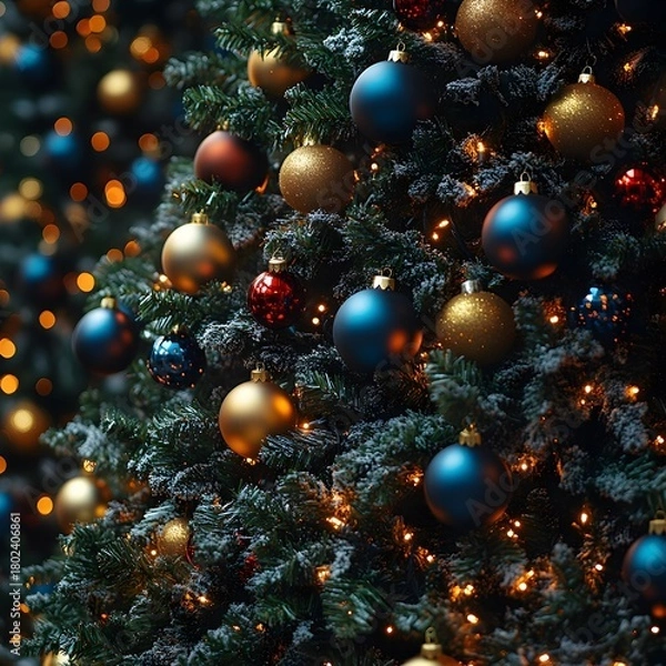 Fototapeta The Christmas tree is decorated with colorful trinkets of blue, gold and red colors.