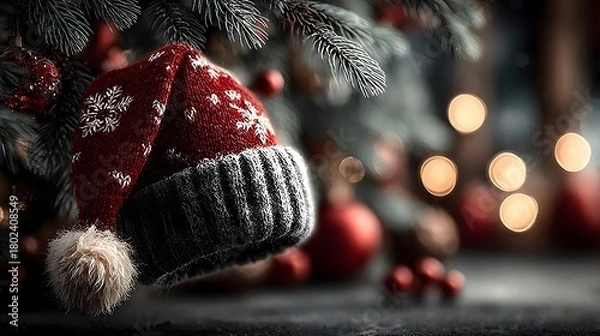 Fototapeta A red knitted Santa Claus hat with patterns of white snowflakes and a fluffy pompom is draped over snow-covered fir branches.