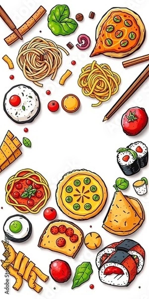 Fototapeta Flat lay of delicious food doodles, featuring pasta, pizza, and sushi in a charming hand-drawn style,  art,  fast food