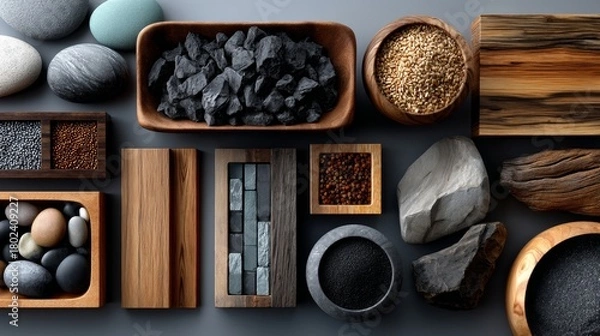 Fototapeta A beautiful arrangement of natural materials including stones, charcoal, and grains. This image showcases textures, colors, and forms. Perfect for design or decor inspiration. AI