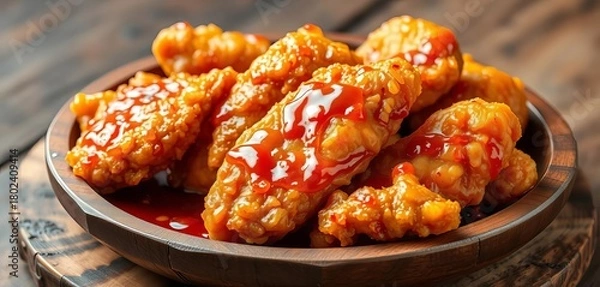Fototapeta Golden fried chicken pieces glistening with sweet and spicy glaze, served on a rustic wooden plate,  drumsticks,  food styling props