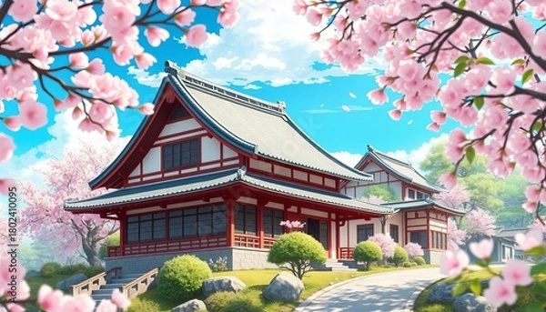Obraz Traditional Japanese house, cherry blossoms in full bloom, anime-style background,  image,  spring