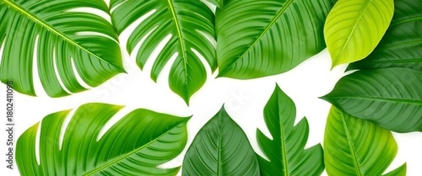 Obraz Vibrant green tropical leaves arranged in a flat lay, isolated on white,  palm leaves,  decoration