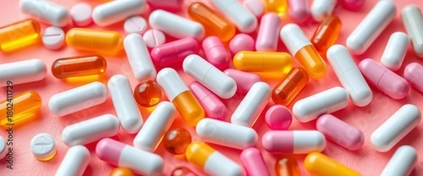 Fototapeta Close-up of assorted vitamin pills on soft salmon pink background, tablets, image