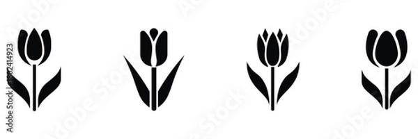 Fototapeta Collation of black tulip silhouette icons set. Black vector of stylized tulip flowers in various style. Spring bloom symbol. Minimalist nature icon collection. Vector illustration.