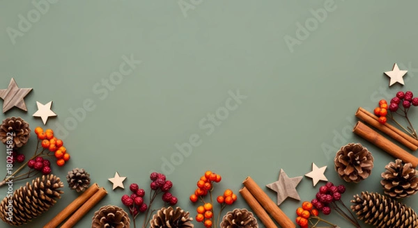 Obraz RUSTIC WINTER HOLIDAY DECORATIONS: PINE CONES, CINNAMON STICKS, AND BERRIES ON SAGE GREEN BACKGROUND