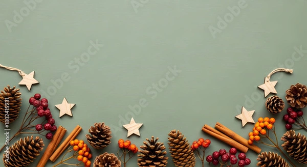 Fototapeta NATURAL CHRISTMAS DECORATIONS FRAME WITH CINNAMON, BERRIES, AND PINE CONES ON SAGE GREEN BACKGROUND