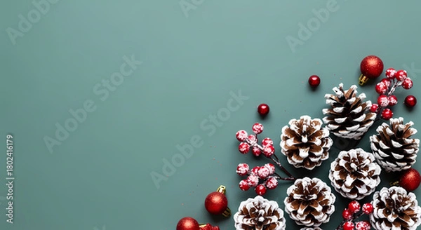 Fototapeta WINTER PINE CONE AND RED BERRY BORDER ON TEAL BACKGROUND WITH COPY SPACE