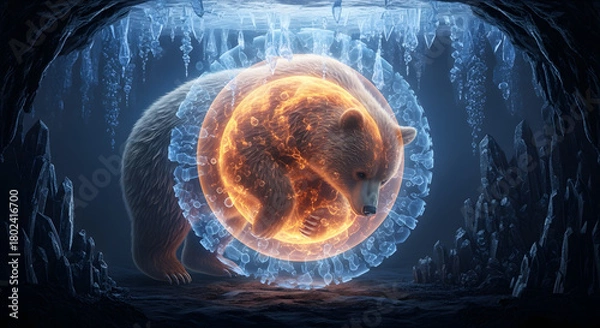 Fototapeta Frozen Future Hibernating Bear Encased in a Protective Energy Shield in an Ice Cave