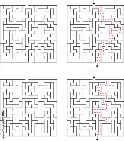Fototapeta Four square mazes with two solved paths indicated by red dashed lines labyrinth puzzle