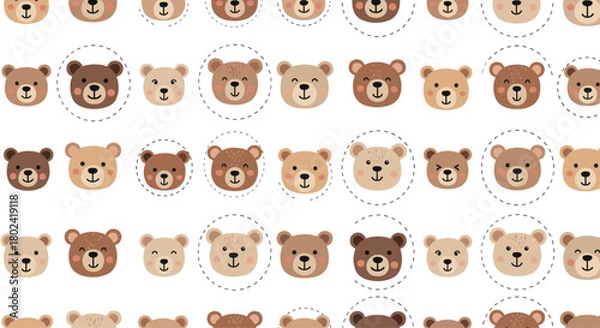 Obraz Seamless pattern featuring adorable cartoon bear faces in various shades of brown, arranged on a clean white background, perfect for children's designs.