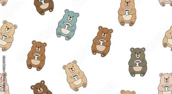 Obraz Seamless pattern featuring adorable cartoon bears enjoying a warm beverage in mugs, creating a cozy and whimsical design for various applications.