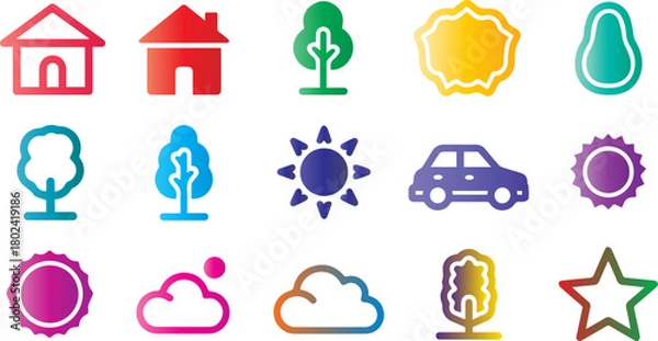 Fototapeta Colorful icons of house tree sun car cloud and star on a black background
