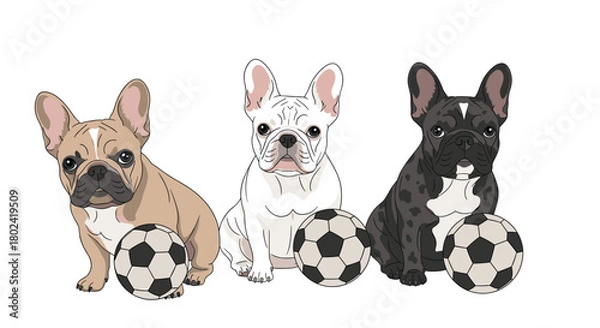 Obraz Three adorable French bulldog puppies sit with soccer balls, showcasing a playful and sporty theme perfect for pet-related content or advertising campaigns.