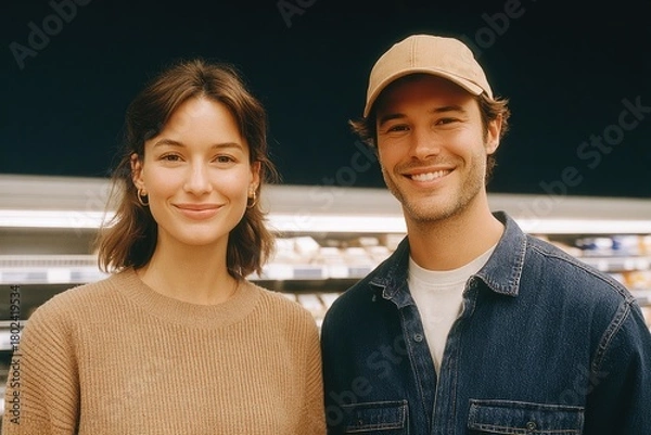 Fototapeta Bright smiles of young adults in casual attire create friendly atmosphere in store