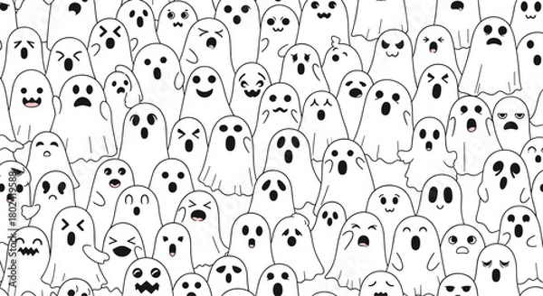 Obraz A large collection of adorable cartoon ghosts with various expressions fills the frame, creating a playful and spooky pattern perfect for halloween designs or backgrounds.