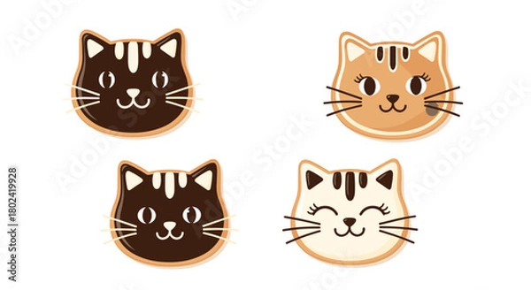 Obraz Adorable cat-shaped cookies with various expressions and colors are displayed against a white background, perfect for baking or pet-themed designs.