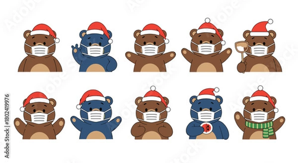 Obraz Festive bears wearing face masks and Santa hats demonstrate safe holiday practices and social distancing during a pandemic or winter season.