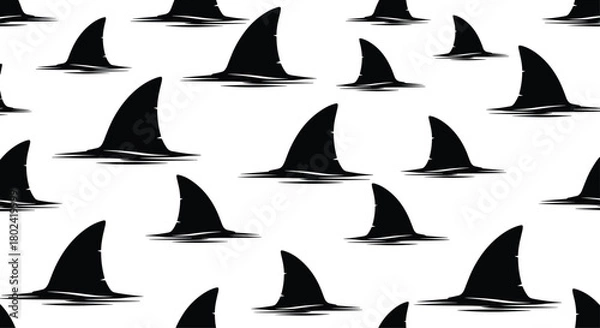 Obraz Seamless pattern featuring dark gray shark fins gliding across a bright white background, creating a repeating ocean predator motif for various design applications.
