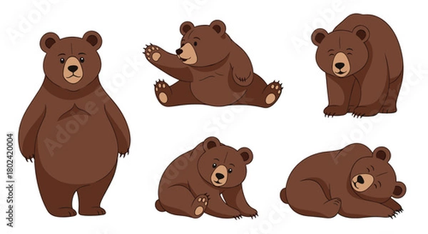 Obraz Charming collection of cartoon brown bears in various playful poses, showcasing different expressions and activities, perfect for children's illustrations and designs.