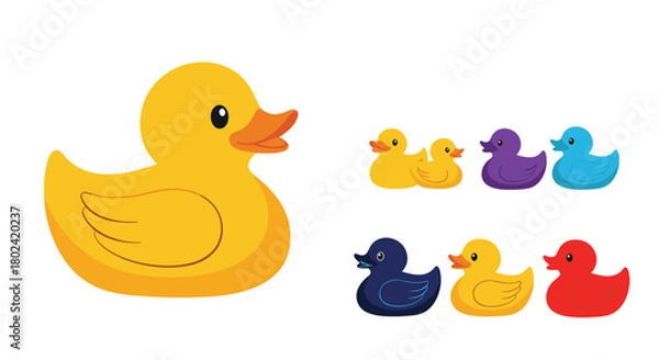 Obraz Colorful rubber duck collection featuring a large yellow duck and six smaller ducks in various shades, perfect for bath time or playful illustrations.