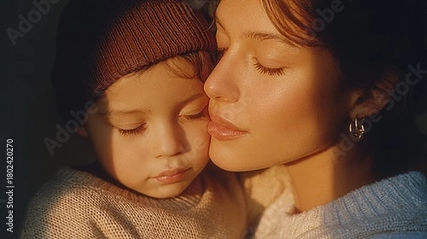 Fototapeta Warm embrace between mother and child radiates love and tranquility in soft light