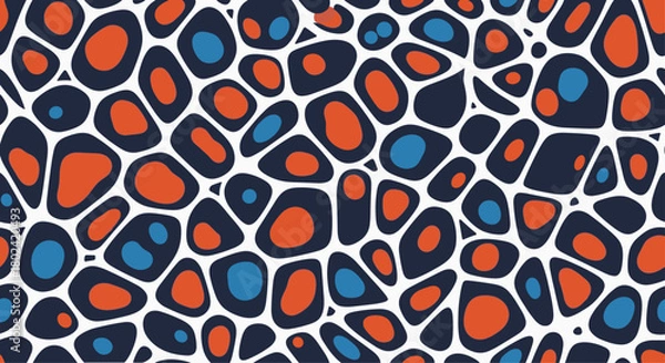 Obraz Abstract organic pattern featuring irregular shapes in red, blue, and dark navy against a white background, creating a modern and artistic texture.