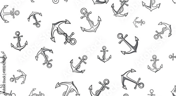 Obraz Seamless pattern featuring hand-drawn nautical anchors in varying sizes and orientations on a clean white background, ideal for maritime themes.