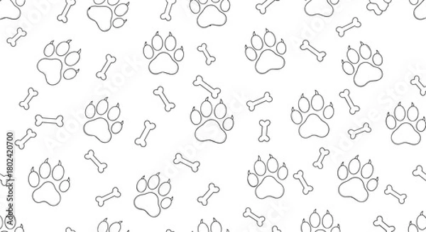 Obraz Seamless pattern featuring playful black and white paw prints and bone shapes scattered across a clean white background, ideal for pet-themed designs.