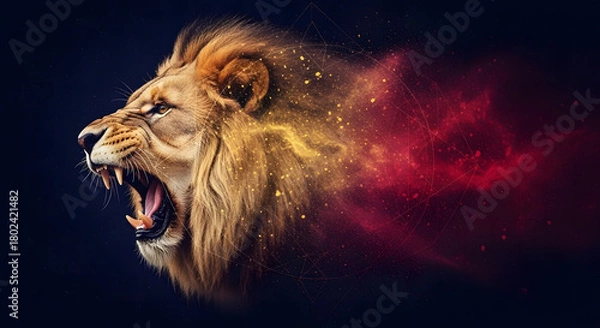 Fototapeta Dynamic digital art capturing a majestic roaring lion's head, dissolving into a vibrant, fiery dust particle effect, symbolizing strength and raw power