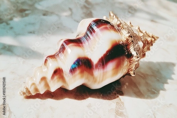 Fototapeta Unique seashell showcases intricate patterns and vibrant colors, resting on marble surface