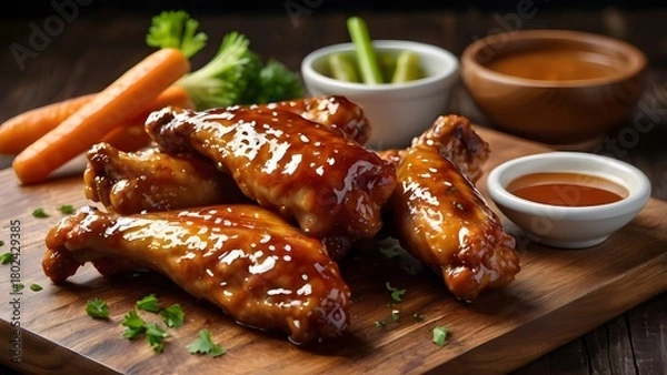 Obraz Glazed barbecue chicken wings with honey sauce and fresh vegetables on rustic wooden board