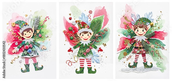 Obraz A festive Christmas 3D  collage featuring an elf made of confetti, glitter, pine needles, and candy canes. Handmade. An elegant set of illustrations and posters.