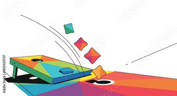 Fototapeta Colorful cornhole boards with beanbags in mid-air, illustrating a game of skill and fun.