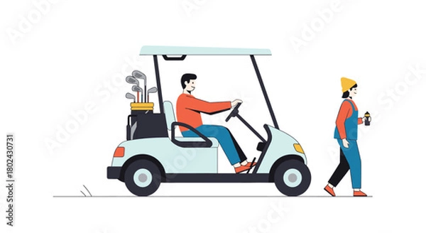 Obraz Man drives a golf cart while a woman walks beside him with a drink.