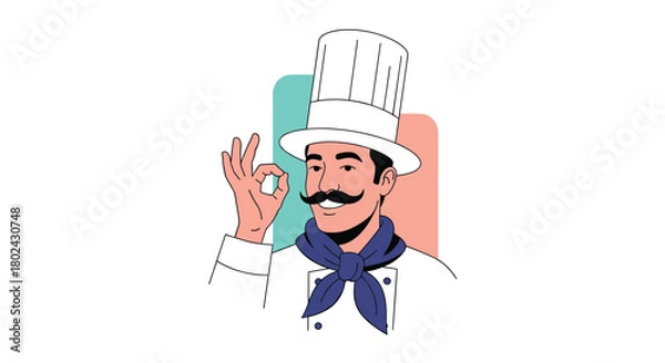 Obraz Illustration of a smiling chef in a tall white hat giving an okay sign.